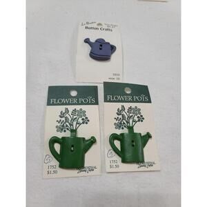VTG Buttons 3 Watering Cans 2 Green/1 Blue Plastic 2-Hole Sewing Crafting NOS